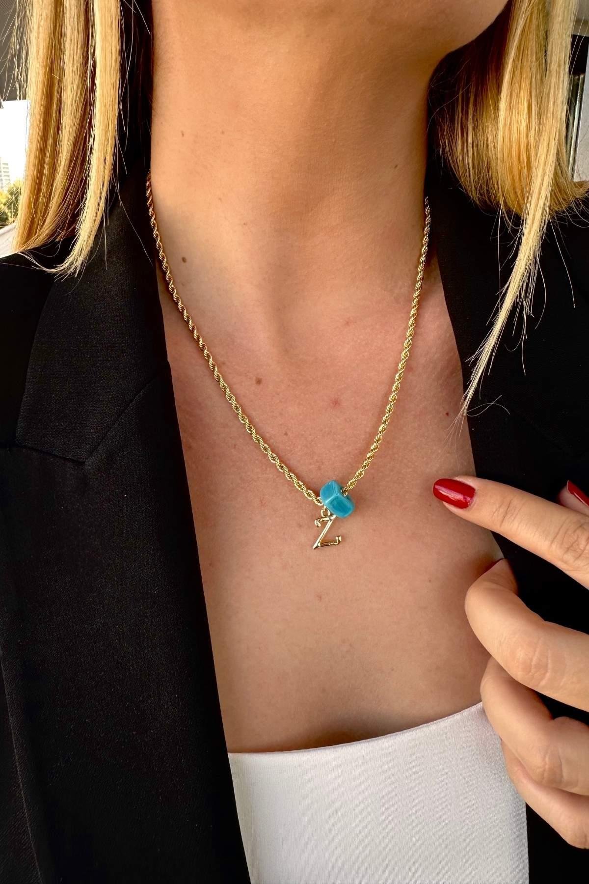 Kişiye Özel Harfli Altın Kaplama Nostalji Cam Boncuklu Z Harf Burgu Zincir Kolye