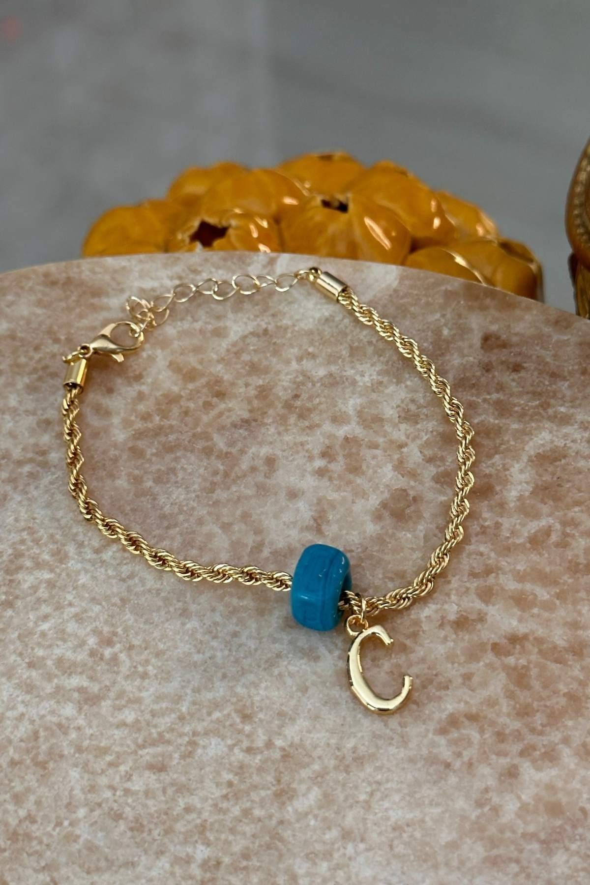 Kişiye Özel Harfli Altın Kaplama Nostalji Cam Boncuklu C Harf Burgu Zincir Bileklik