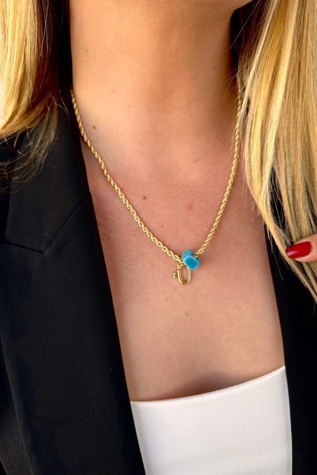 Kişiye Özel Harfli Altın Kaplama Nostalji Cam Boncuklu Ü Harf Burgu Zincir Kolye