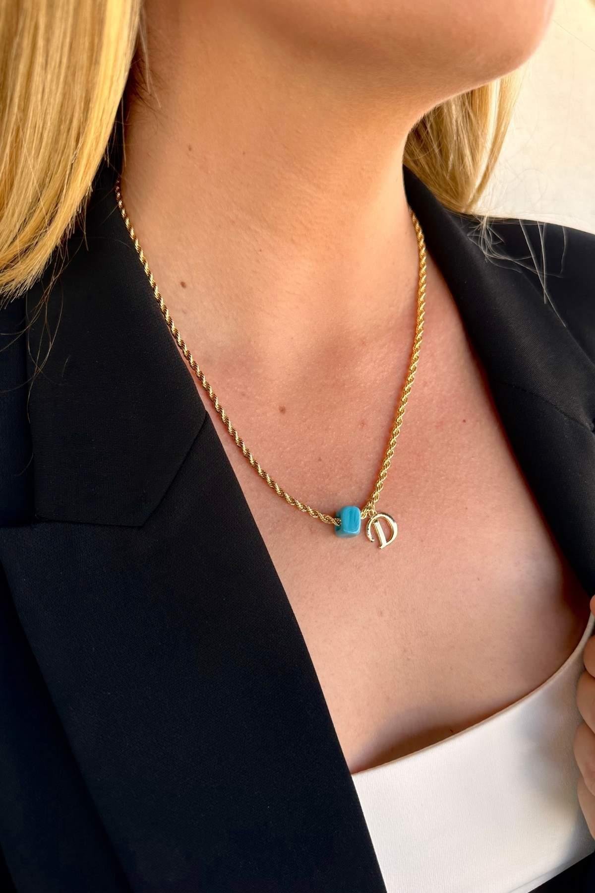 Kişiye Özel Harfli Altın Kaplama Nostalji Cam Boncuklu D Harf Burgu Zincir Kolye