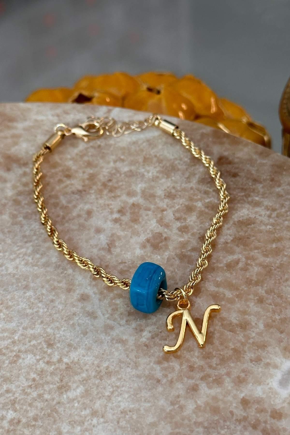 Kişiye Özel Harfli Altın Kaplama Nostalji Cam Boncuklu N Harf Burgu Zincir Bileklik