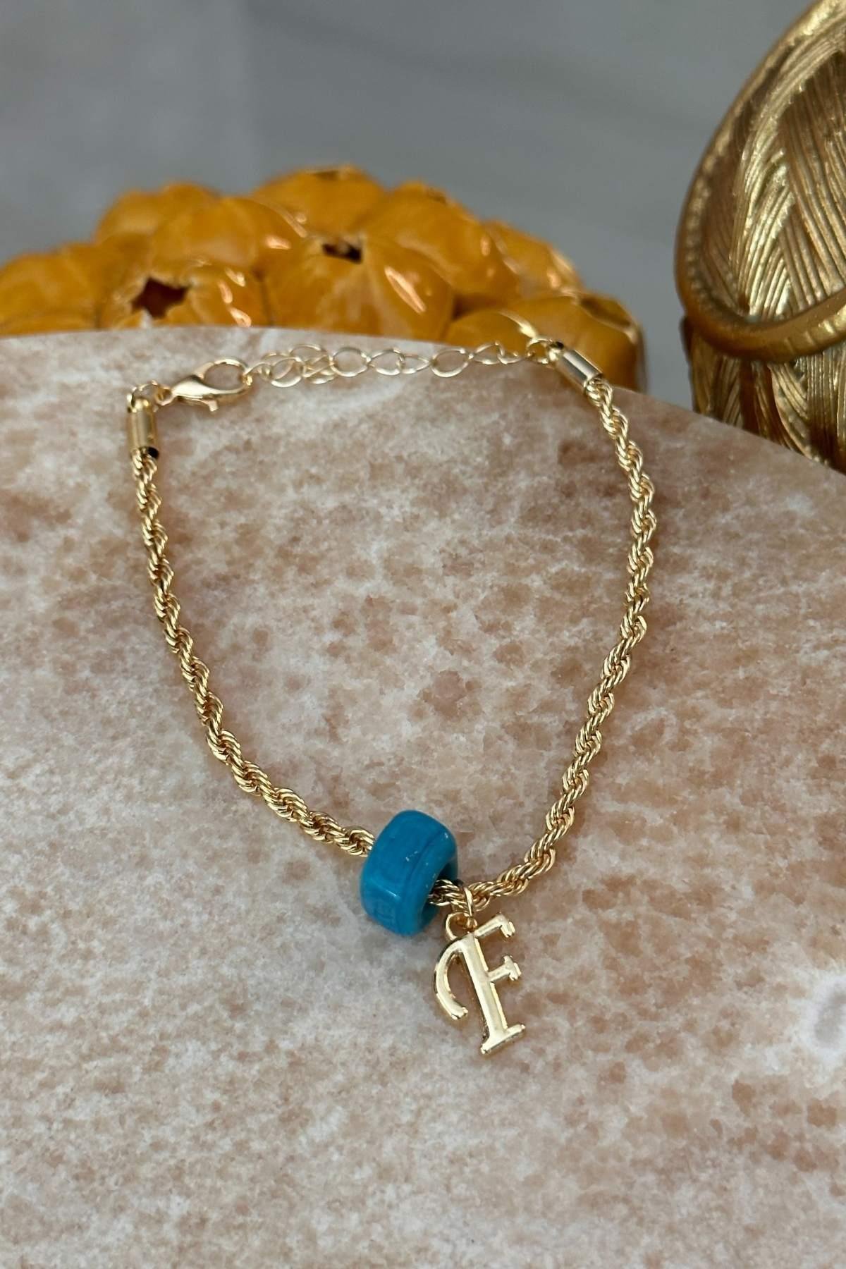 Kişiye Özel Harfli Altın Kaplama Nostalji Cam Boncuklu F Harf Burgu Zincir Bileklik