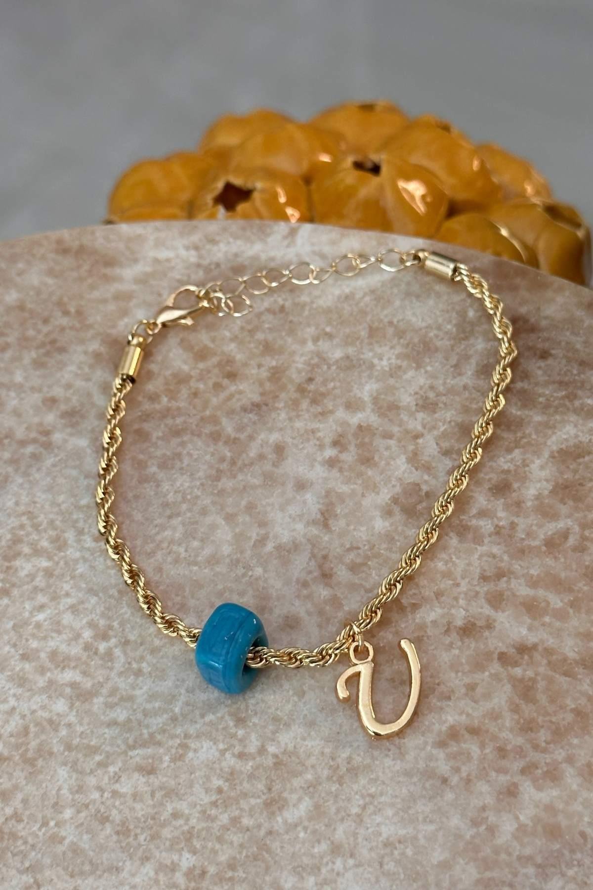 Kişiye Özel Harfli Altın Kaplama Nostalji Cam Boncuklu U Harf Burgu Zincir Bileklik