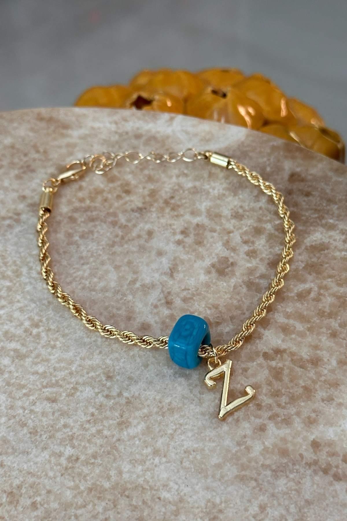 Kişiye Özel Harfli Altın Kaplama Nostalji Cam Boncuklu Z Harf Burgu Zincir Bileklik