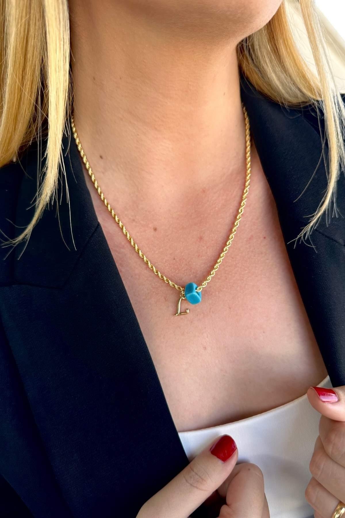 Kişiye Özel Harfli Altın Kaplama Nostalji Cam Boncuklu L Harf Burgu Zincir Kolye