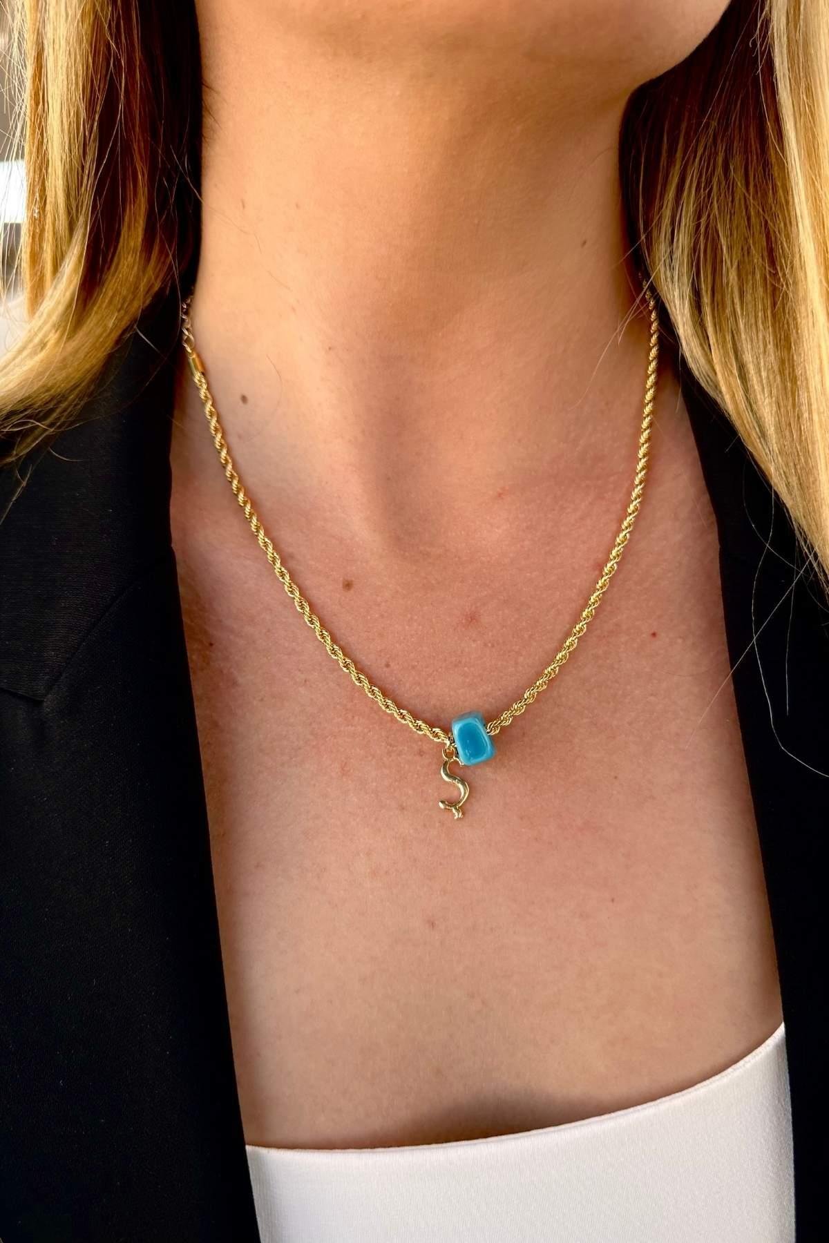 Kişiye Özel Harfli Altın Kaplama Nostalji Cam Boncuklu Ş Harf Burgu Zincir Kolye