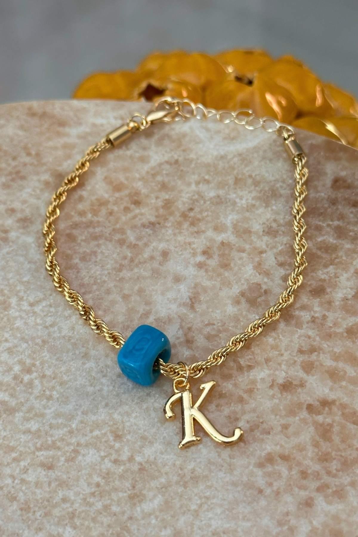 Kişiye Özel Harfli Altın Kaplama Nostalji Cam Boncuklu K Harf Burgu Zincir Bileklik
