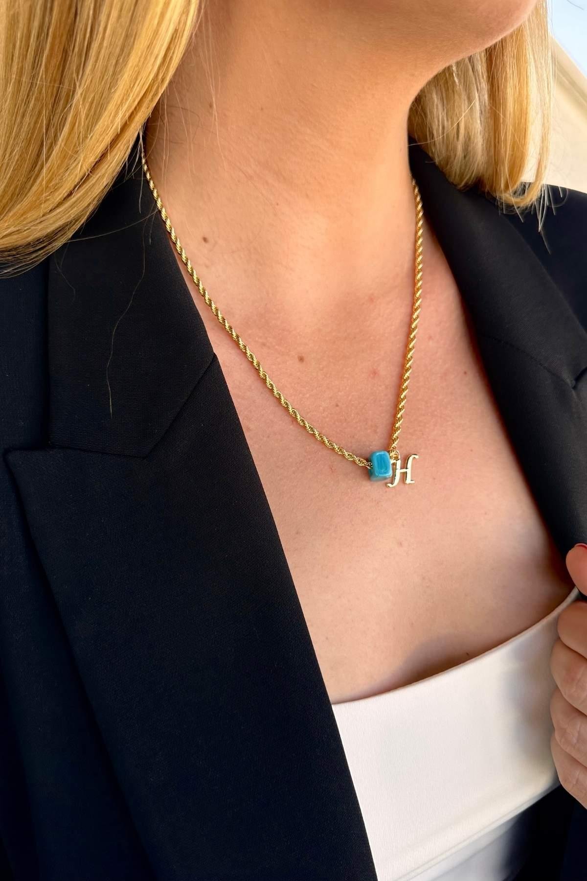 Kişiye Özel Harfli Altın Kaplama Nostalji Cam Boncuklu H Harf Burgu Zincir Kolye