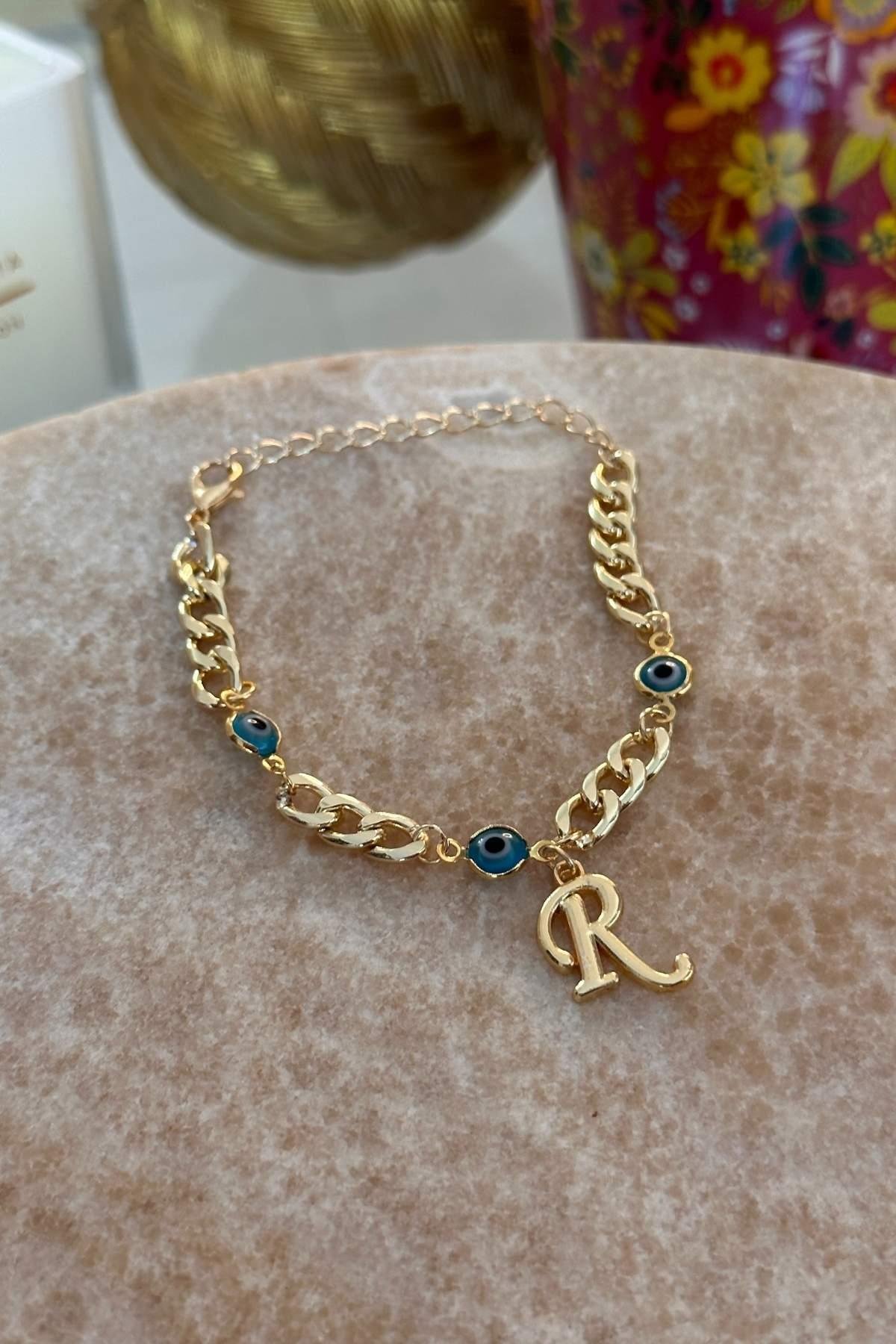 Kişiye Özel Harfli Altın Kaplama Üç Nazarlı R Harf Zincir Bileklik