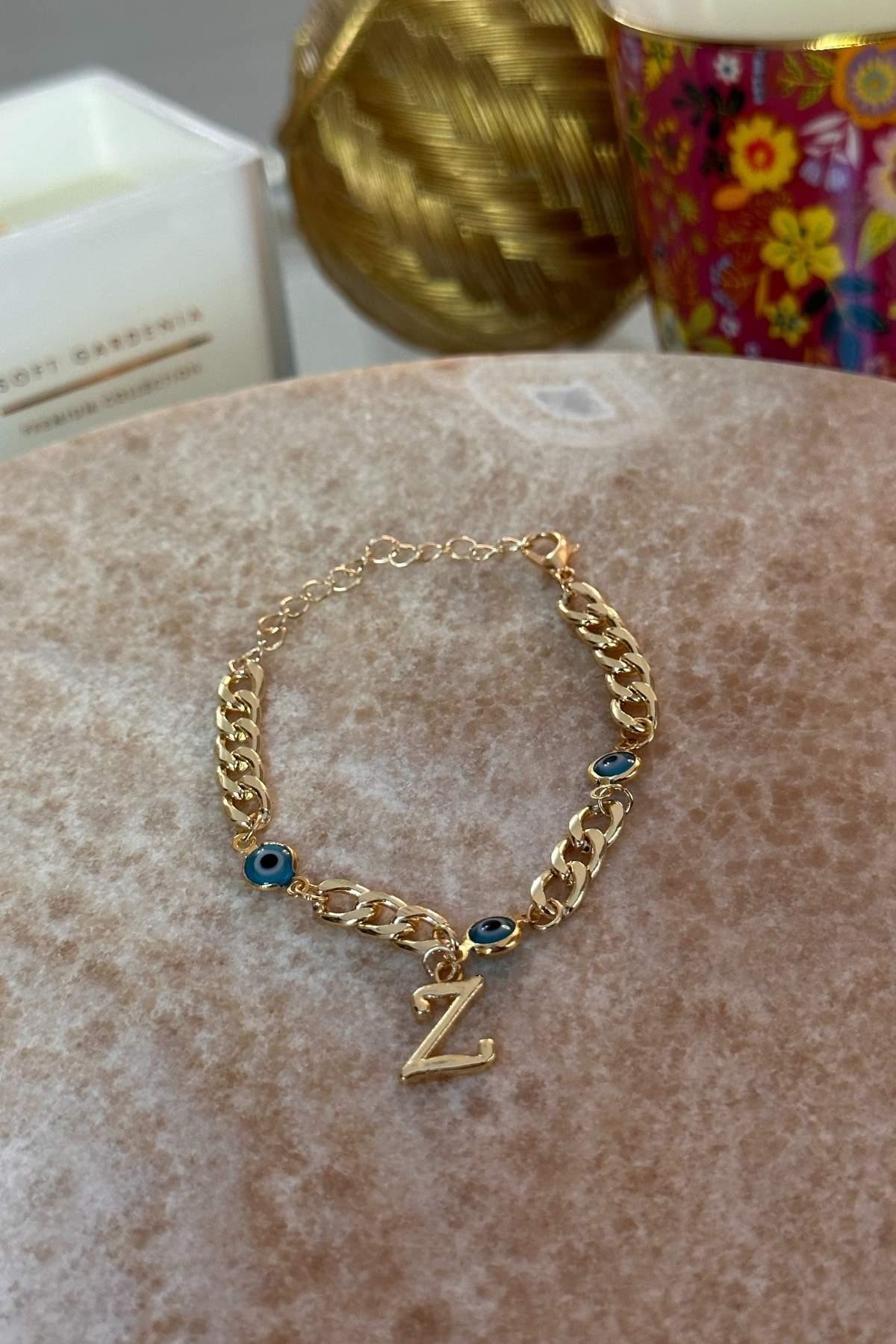 Kişiye Özel Harfli Altın Kaplama Üç Nazarlı Z Harf Zincir Bileklik