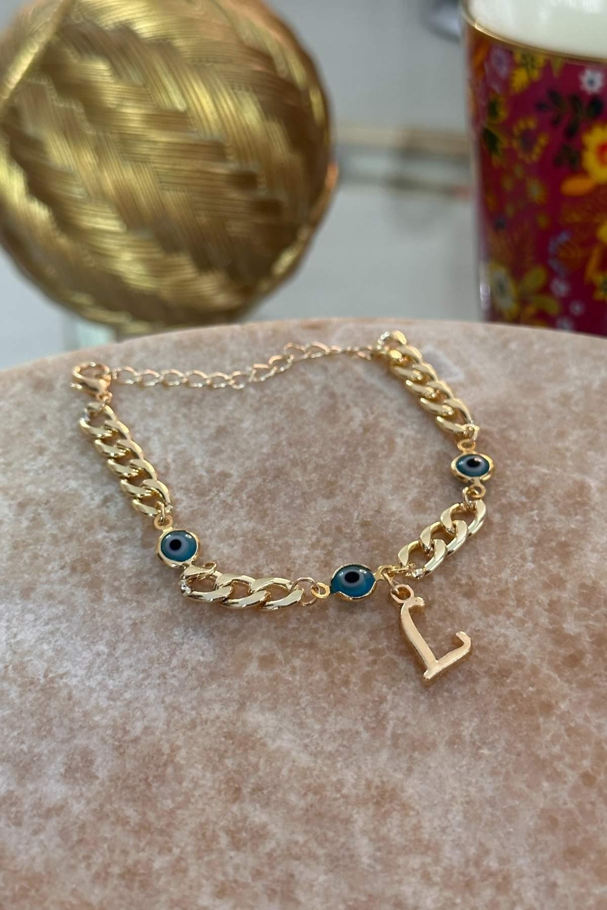 Kişiye Özel Harfli Altın Kaplama Üç Nazarlı L Harf Zincir Bileklik