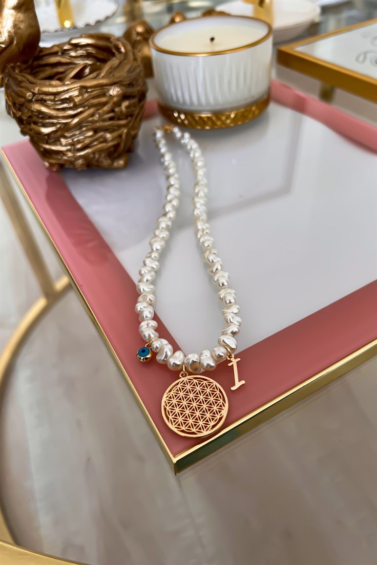 Kişiye Özel İ Harfli ve Nazar Sallantılı İnci Sıralı Yaşam Çiçeği Kolye Gold