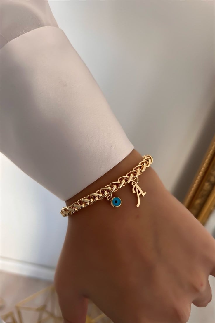 Kişiye Özel Kalın Zincir Model A harfli ve Nazarlı Bileklik Gold