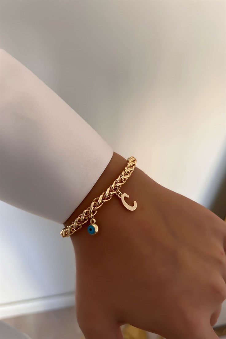 Kişiye Özel Kalın Zincir Model C harfli ve Nazarlı Bileklik Gold