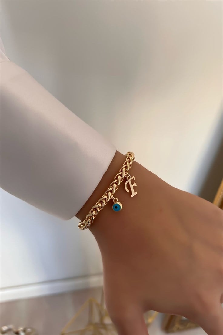 Kişiye Özel Kalın Zincir Model F harfli ve Nazarlı Bileklik Gold