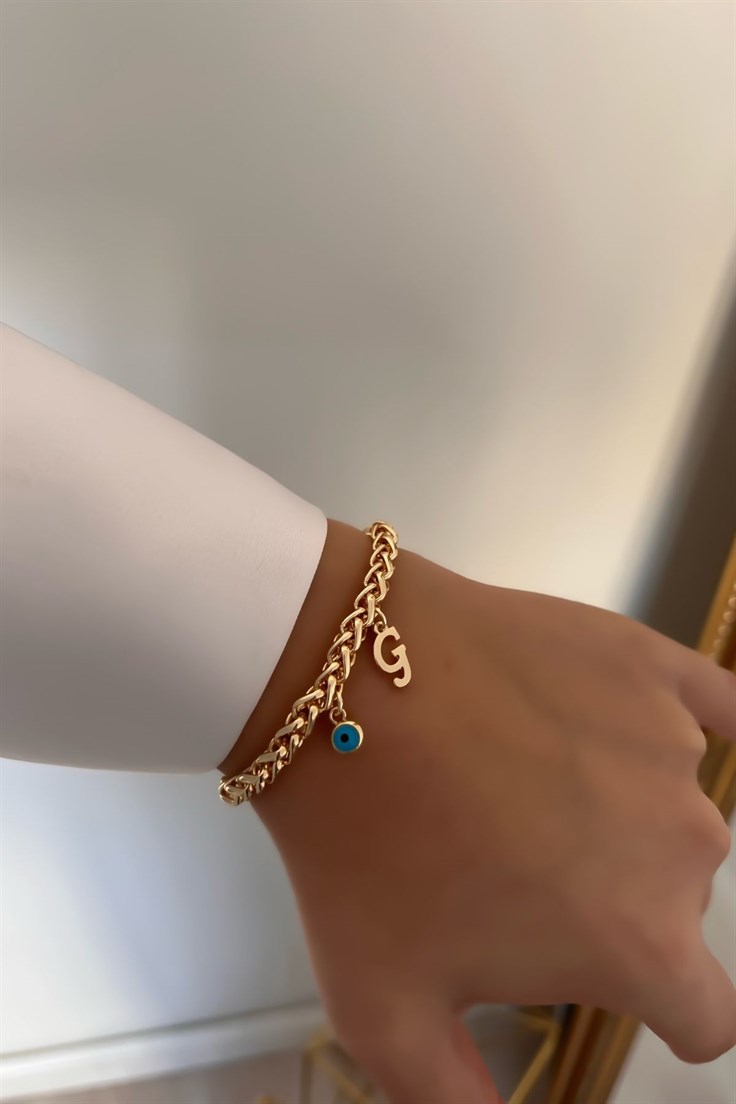 Kişiye Özel Kalın Zincir Model G harfli ve Nazarlı Bileklik Gold