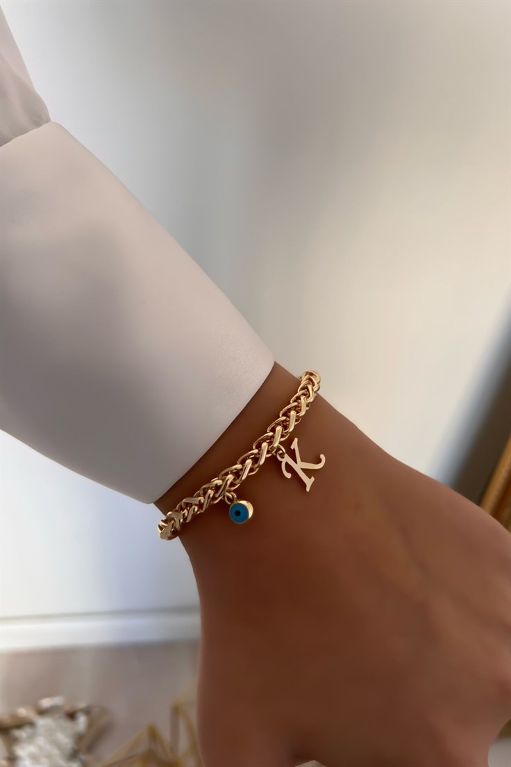 Kişiye Özel Kalın Zincir Model K harfli ve Nazarlı Bileklik Gold