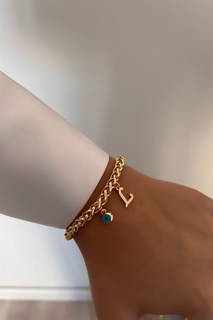 Kişiye Özel Kalın Zincir Model L harfli ve Nazarlı Bileklik Gold