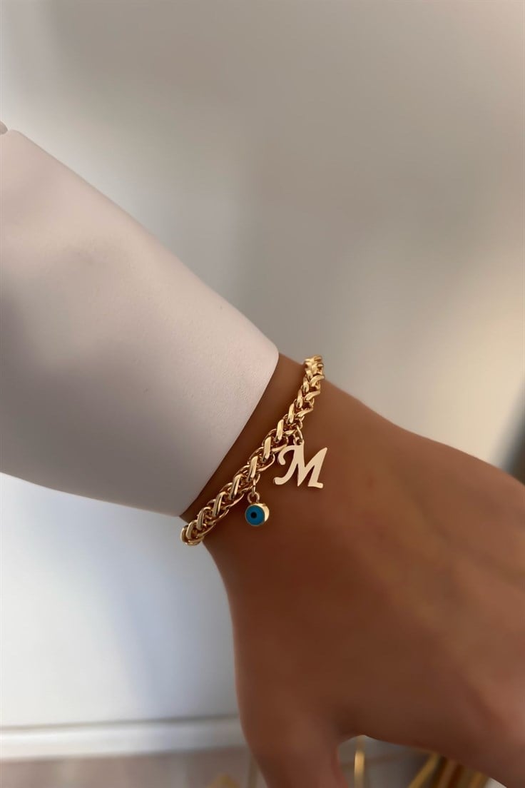 Kişiye Özel Kalın Zincir Model M harfli ve Nazarlı Bileklik Gold