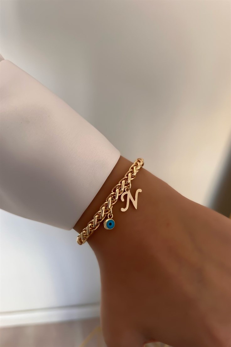 Kişiye Özel Kalın Zincir Model N harfli ve Nazarlı Bileklik Gold