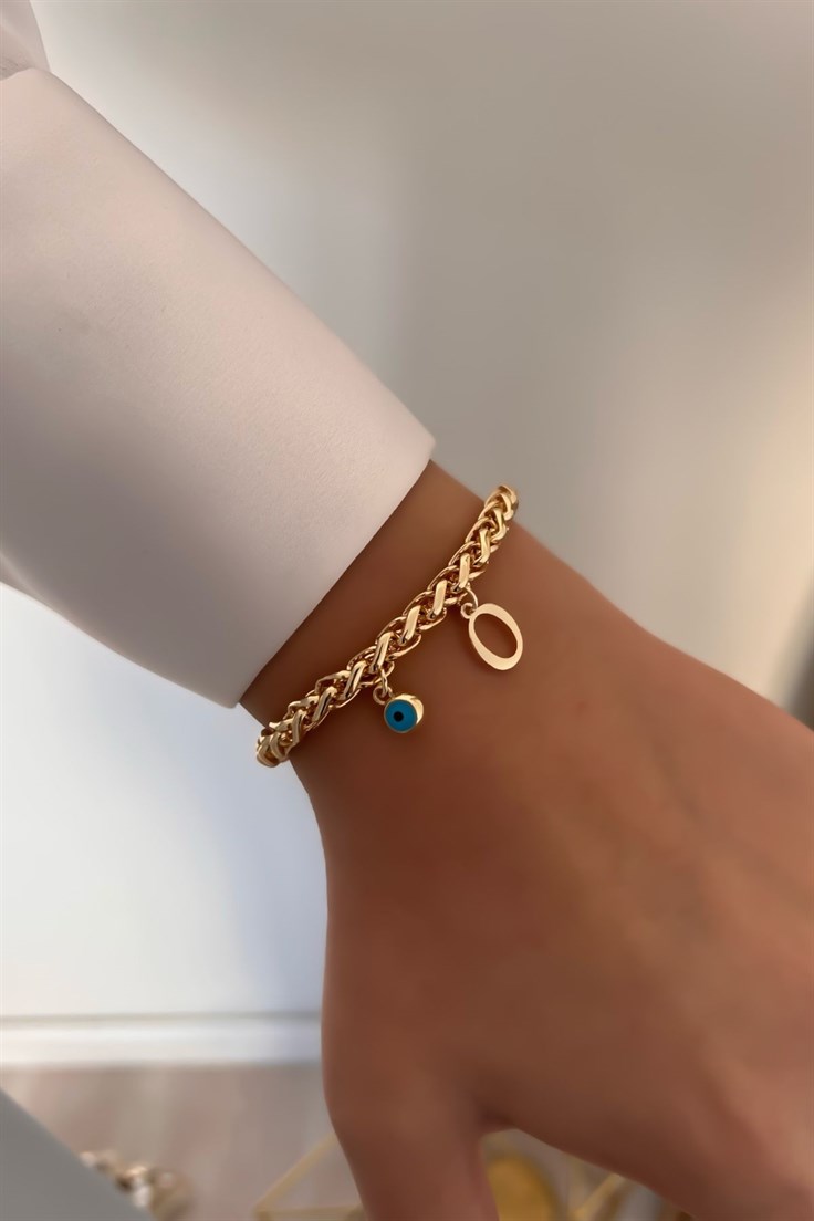 Kişiye Özel Kalın Zincir Model O harfli ve Nazarlı Bileklik Gold