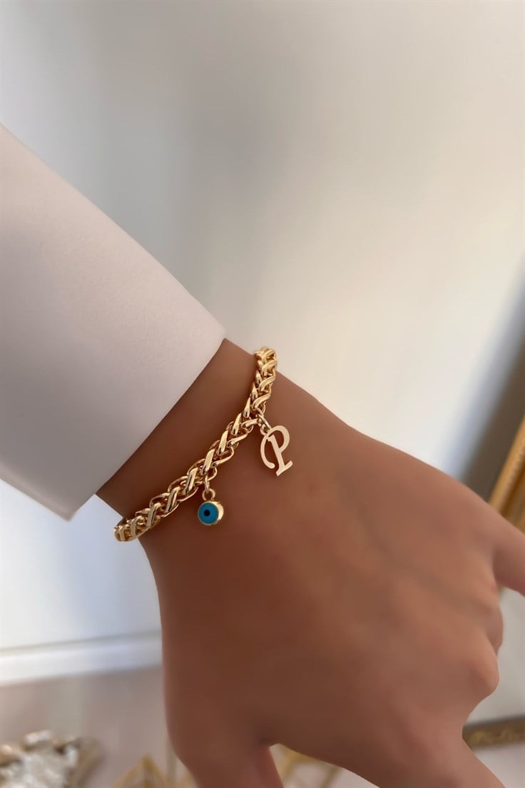 Kişiye Özel Kalın Zincir Model P harfli ve Nazarlı Bileklik Gold