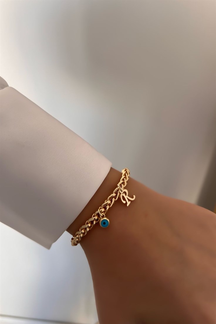 Kişiye Özel Kalın Zincir Model R harfli ve Nazarlı Bileklik Gold