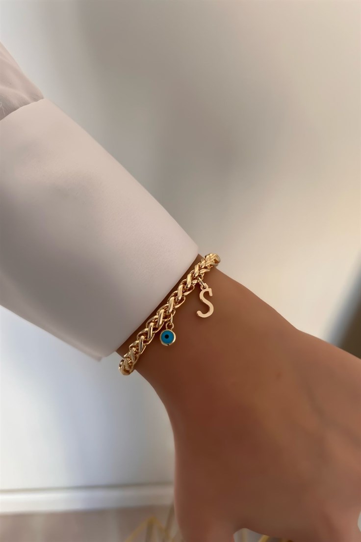 Kişiye Özel Kalın Zincir Model S harfli ve Nazarlı Bileklik Gold