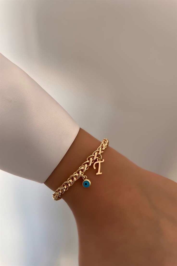 Kişiye Özel Kalın Zincir Model T harfli ve Nazarlı Bileklik Gold