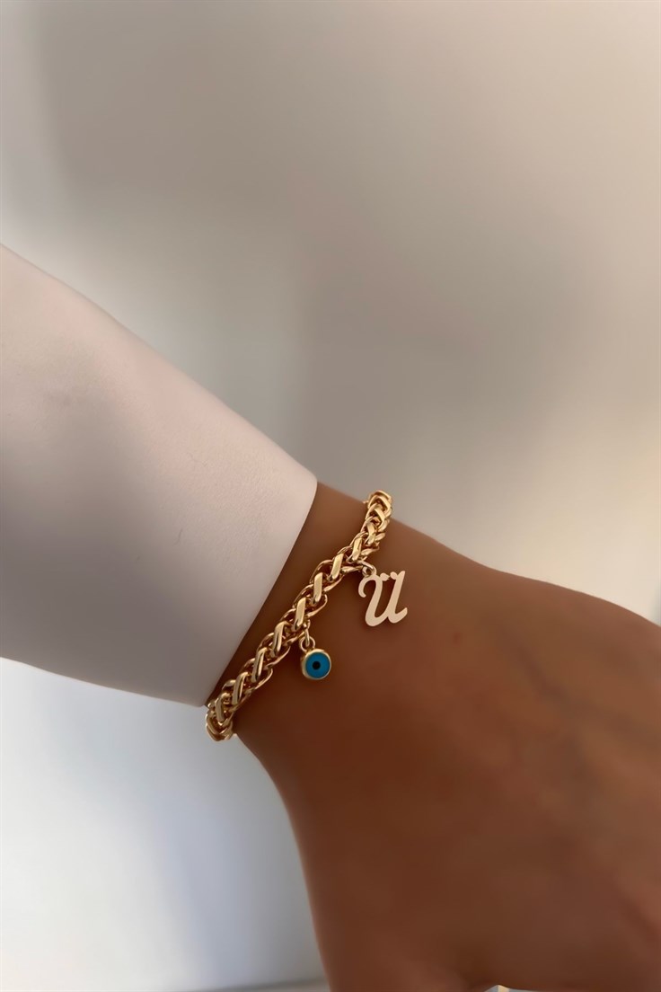 Kişiye Özel Kalın Zincir Model Ü harfli ve Nazarlı Bileklik Gold