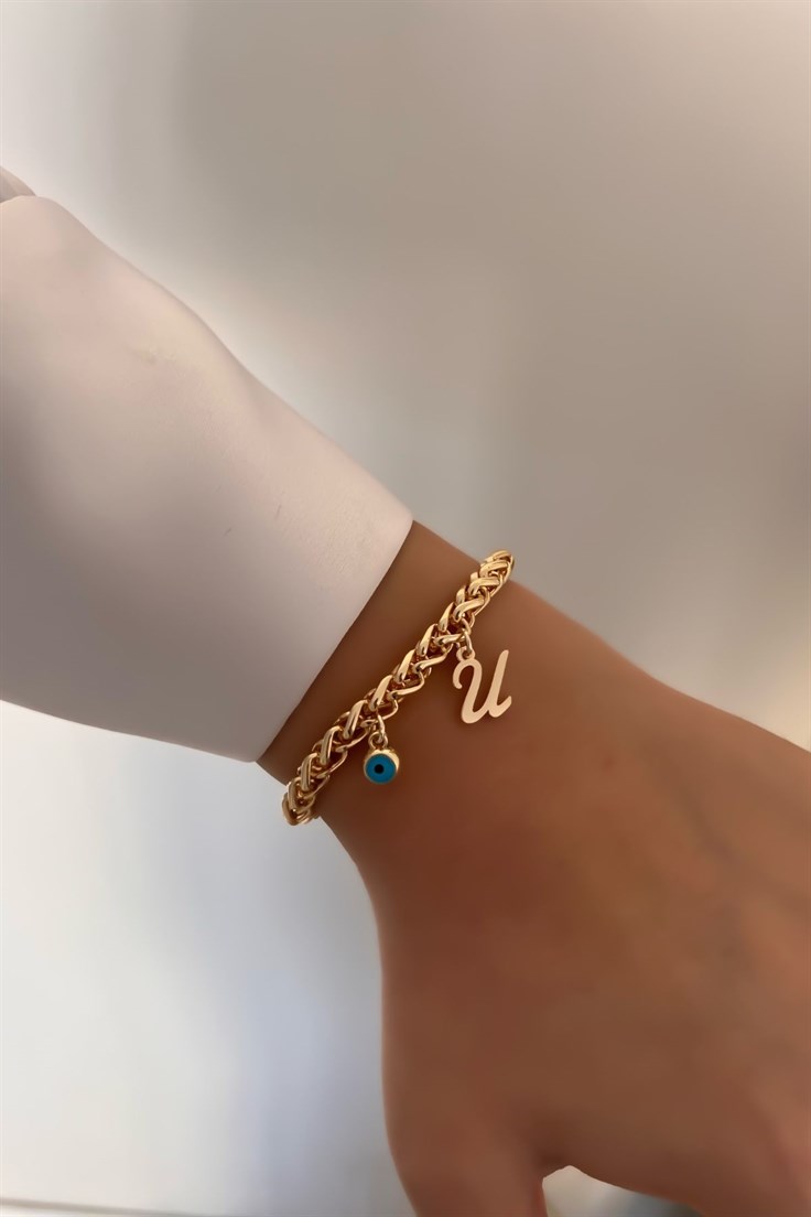 Kişiye Özel Kalın Zincir Model U harfli ve Nazarlı Bileklik Gold