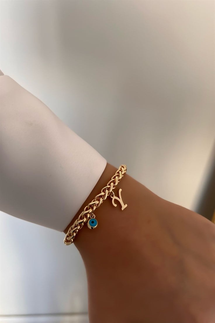 Kişiye Özel Kalın Zincir Model Y harfli ve Nazarlı Bileklik Gold