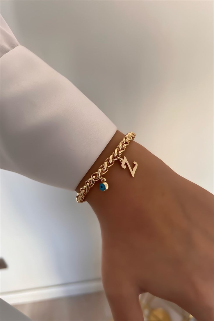 Kişiye Özel Kalın Zincir Model Z harfli ve Nazarlı Bileklik Gold