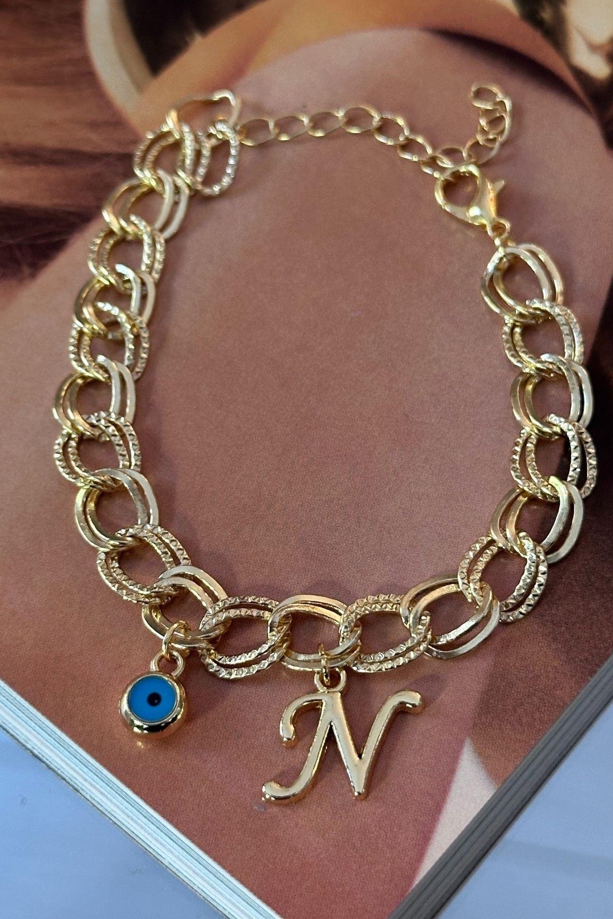 Kişiye Özel N Harfi Samanyolu Zincirli Bileklik