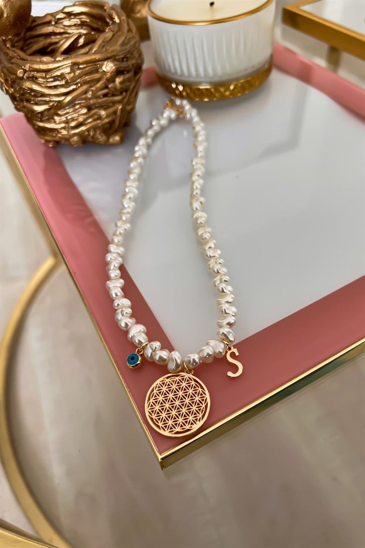 Kişiye Özel S Harfli ve Nazar Sallantılı İnci Sıralı Yaşam Çiçeği Kolye Gold