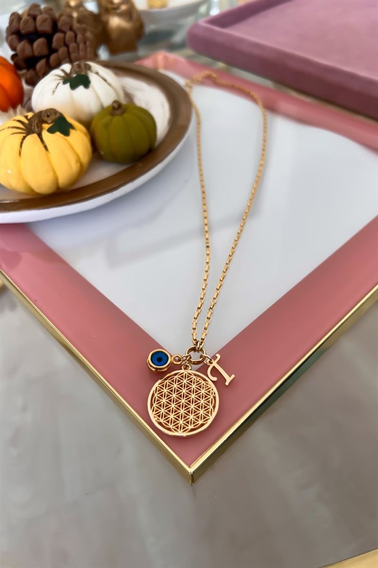 Kişiye Özel T Harfli ve Nazar Sallantılı Yaşam Çiçeği Kolye Gold