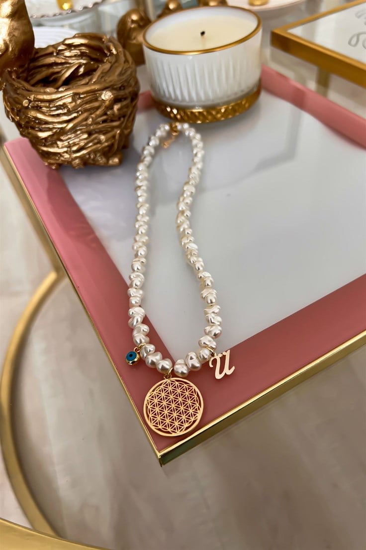 Kişiye Özel Ü Harfli ve Nazar Sallantılı İnci Sıralı Yaşam Çiçeği Kolye Gold