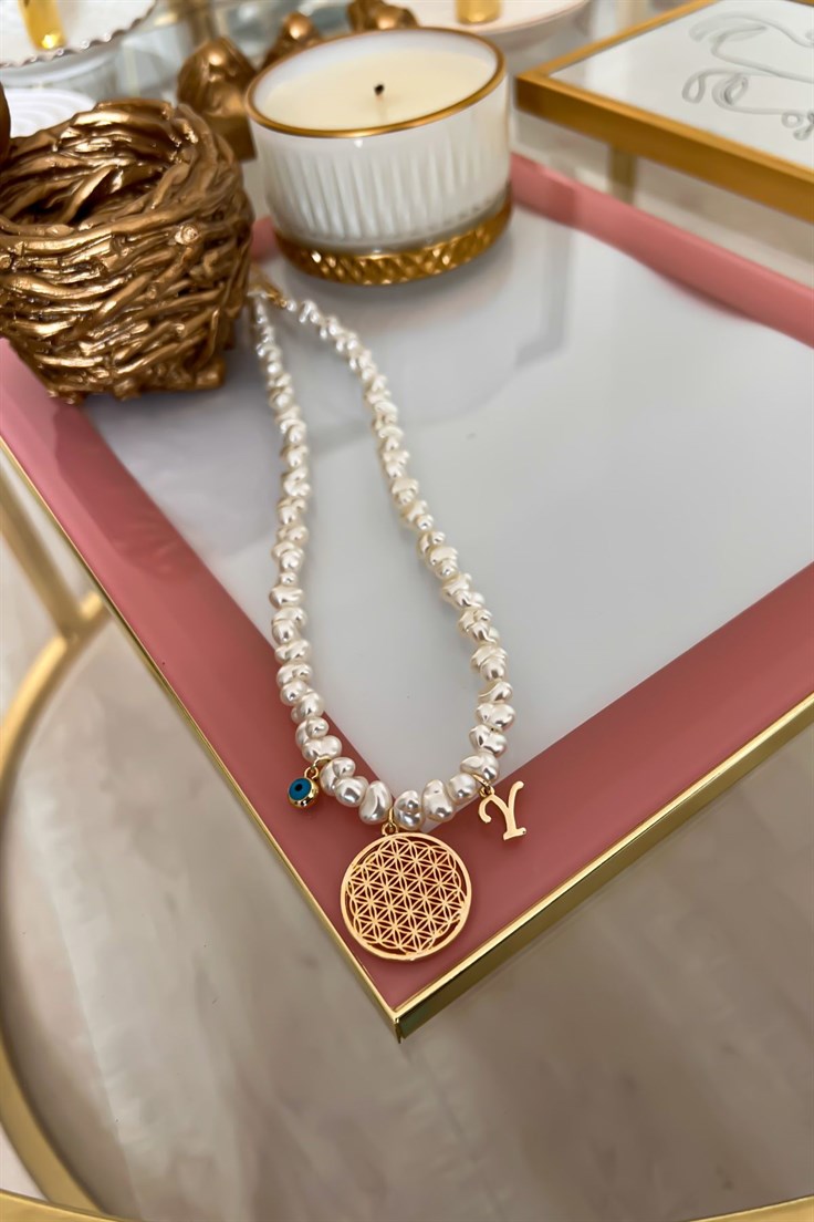 Kişiye Özel Y Harfli ve Nazar Sallantılı İnci Sıralı Yaşam Çiçeği Kolye Gold