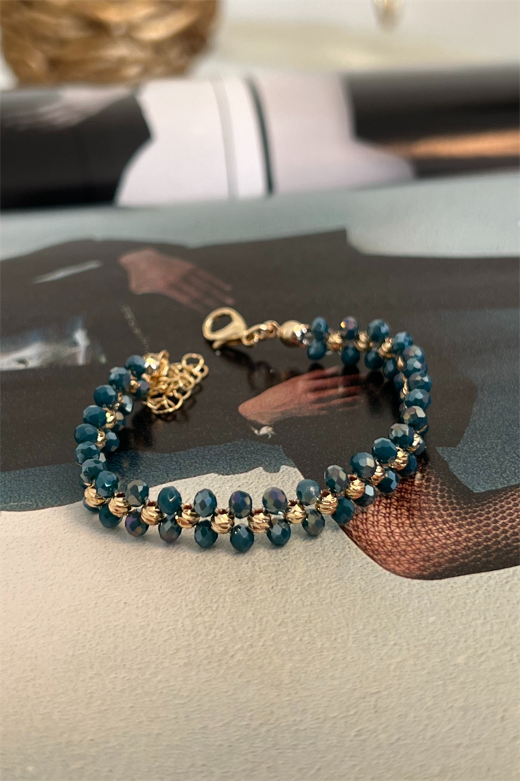 Kot Mavisi Örgü Model Kristal Bileklik Gold