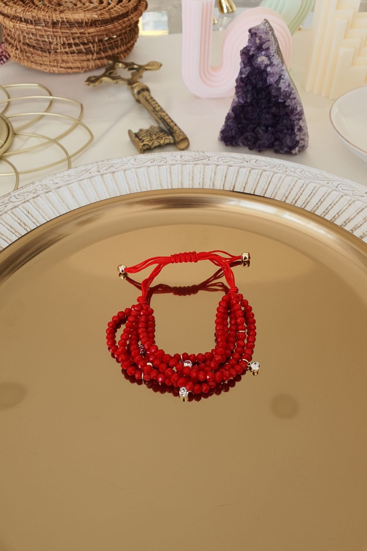 Koyu Kırmızı Çoklu Kristal Asansör Ayarlı Bileklik Gold