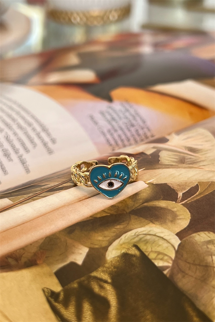 Koyu Mavi Mineli Kalp Model Yüzük Gold