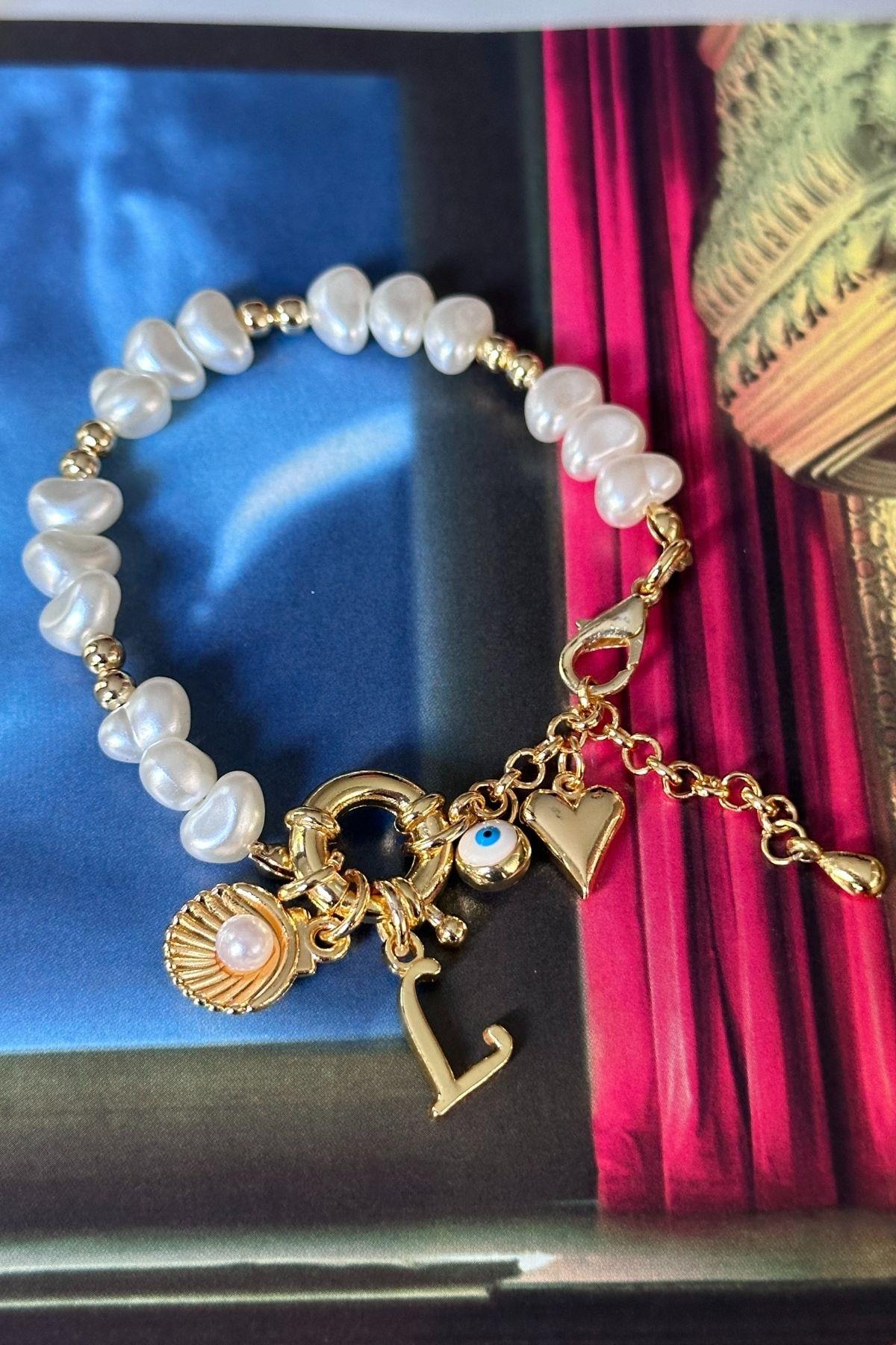 L Harfli İnci Model İstiridye,Nazar ve Kalp Sallantılı Tasarım Bileklik