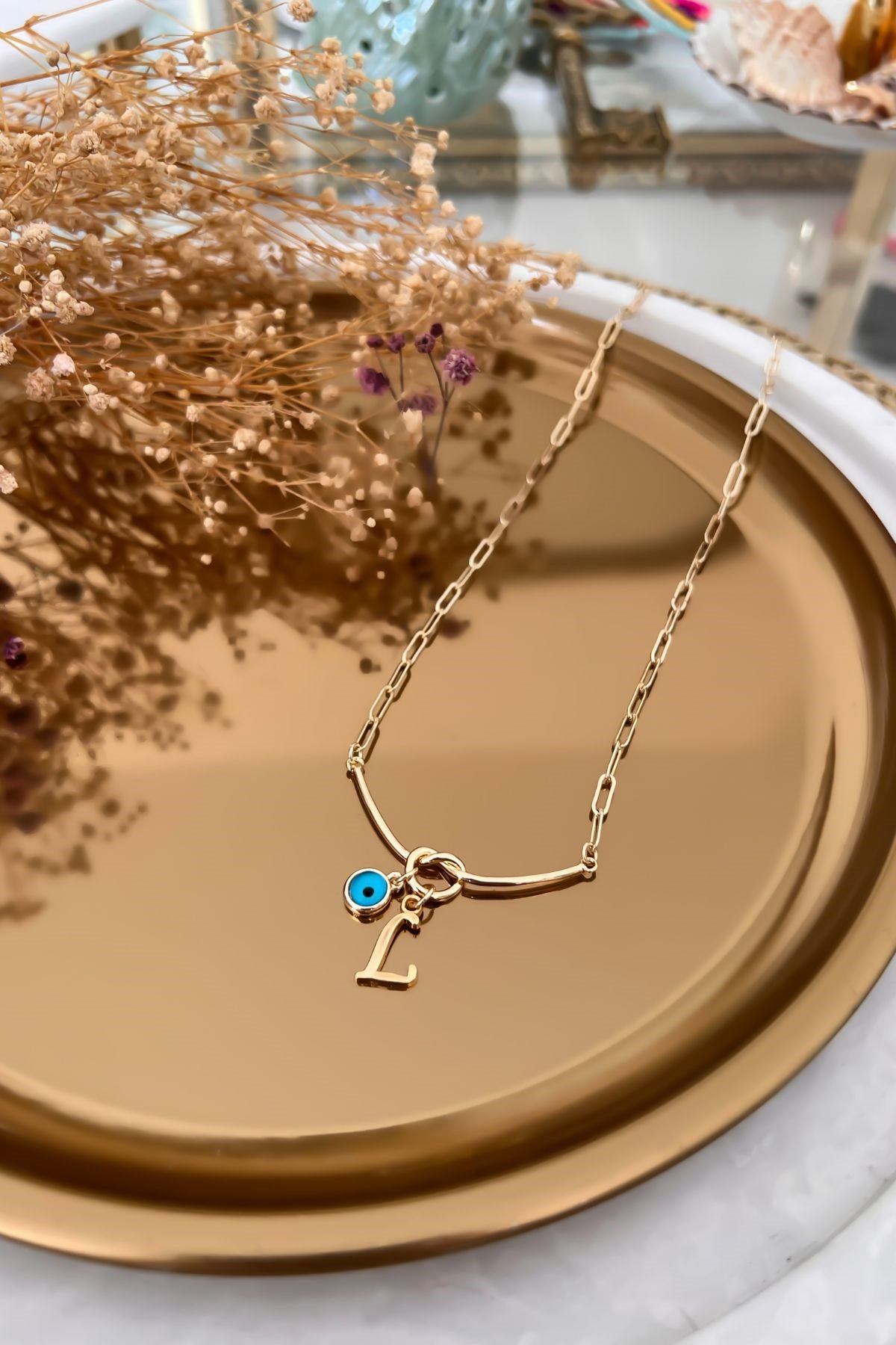 L Harfli ve Nazar Sallantılı Düğüm Kolye Gold
