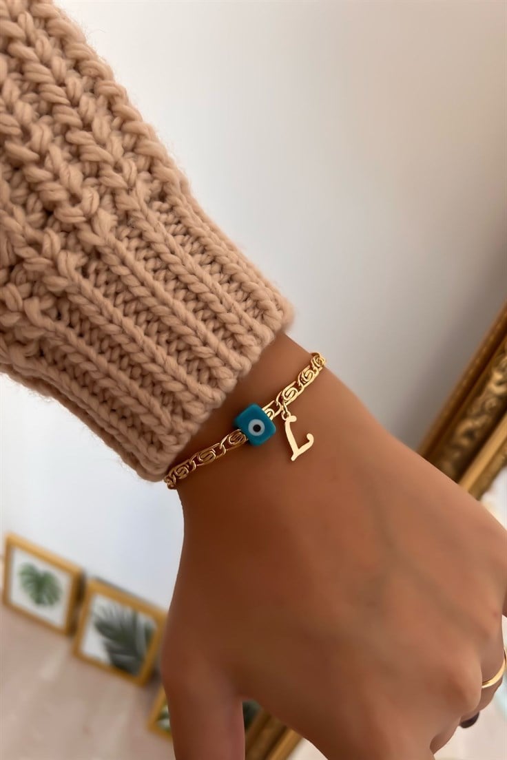 L Harfli ve Nostalji Boncuklu Ezme Zincir Bileklik Gold