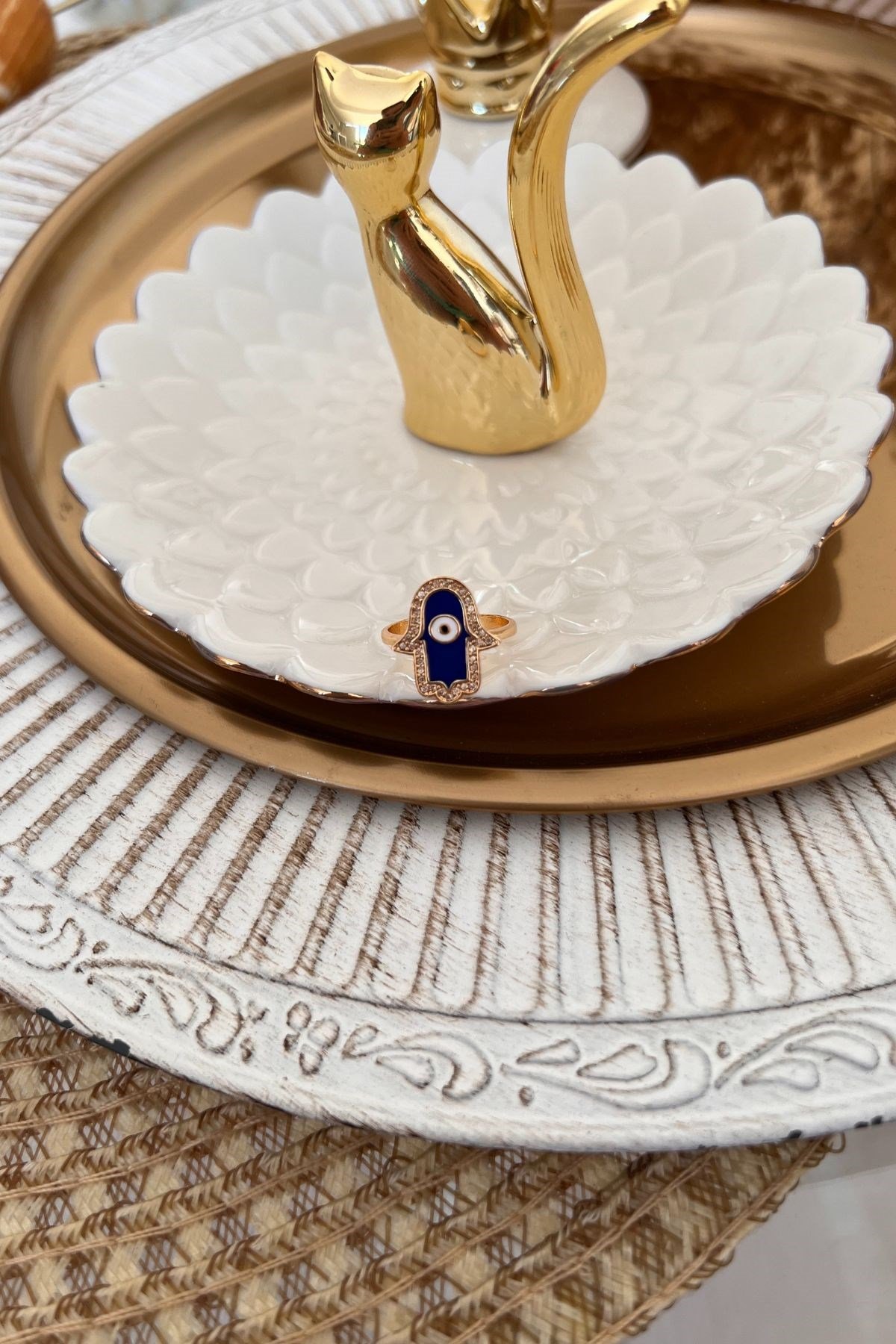 Lacivert Mine Boyamalı Fatma Ana Eli Yüzük Gold