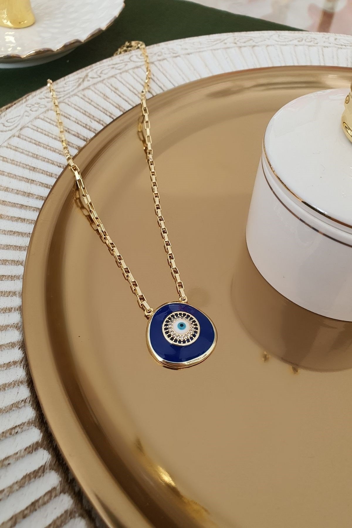 Lacivert Mineli Nazar Kolye Gold