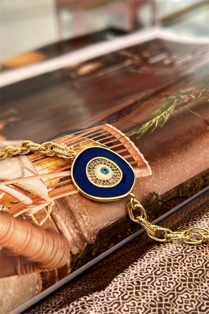 Lacivert Mineli Nazar Model Bileklik Gold
