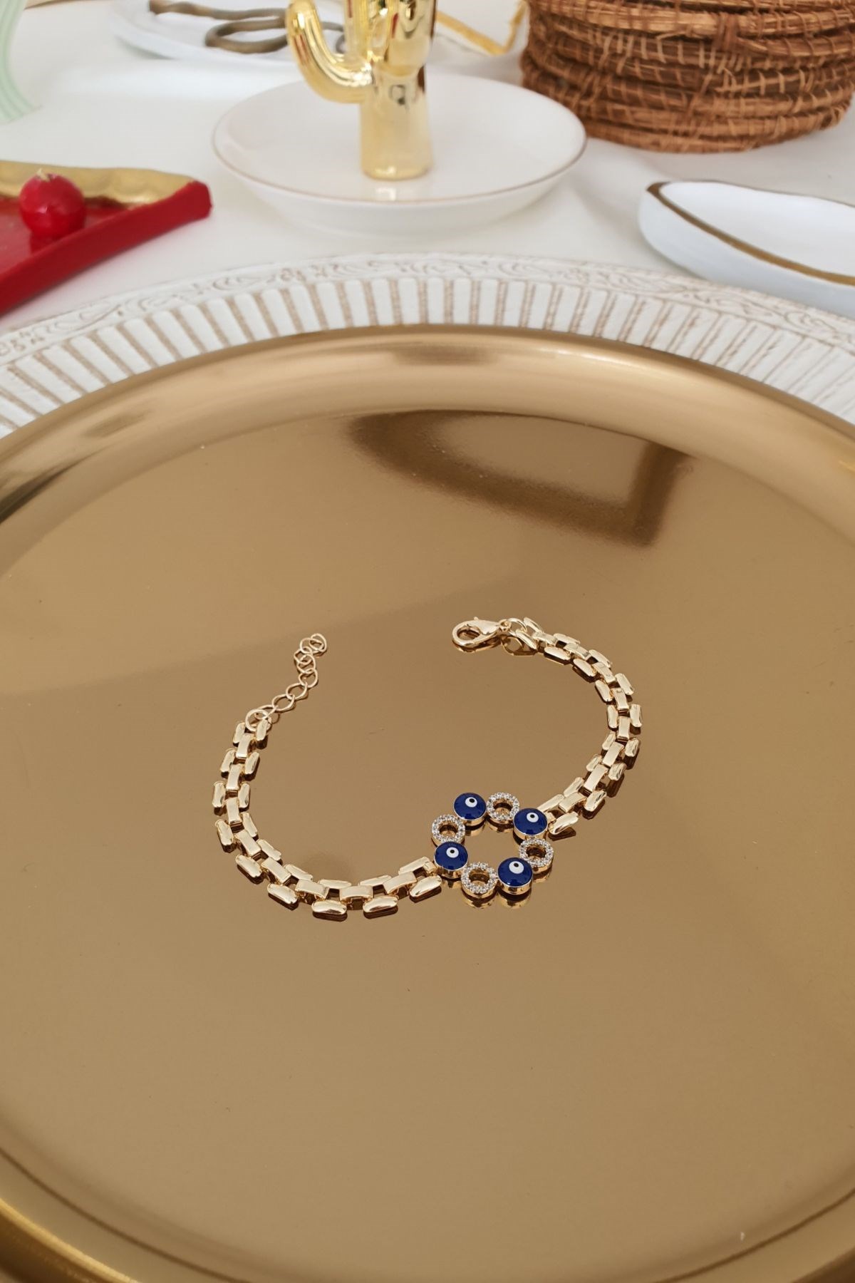 Lacivert Nazar Ve Zirkon Taşlı Daire Model Ezme Zincir Bileklik Gold
