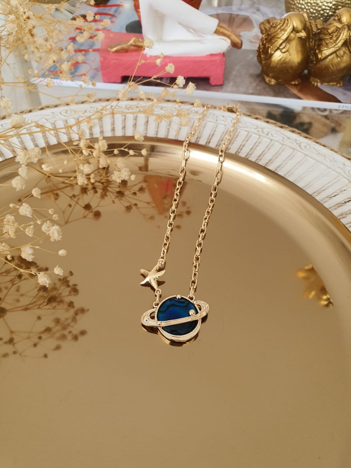 Lacivert Opal Taşlı Gezegen Model Yıldız Detayı Kolye Gold