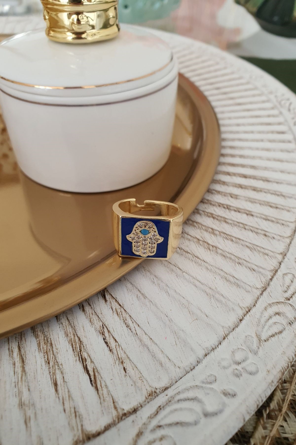 Lacivert Renk Fatma Ana Eli Model Yüzük Gold